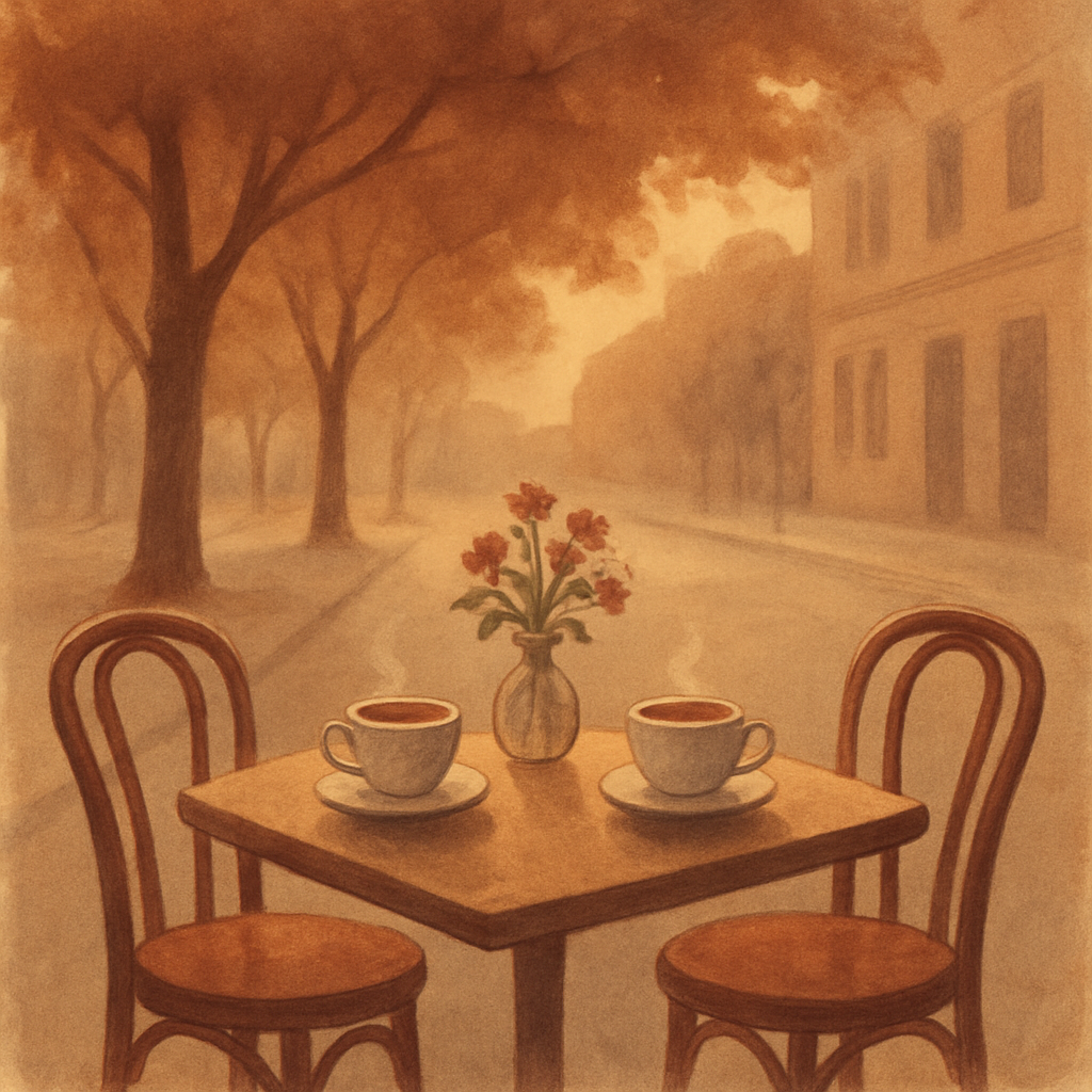 A serene cafe table set for two at golden hour
